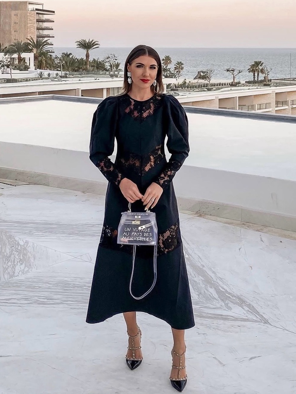 H&M Black Lace-Paneled Puff Sleeve Midi Dress